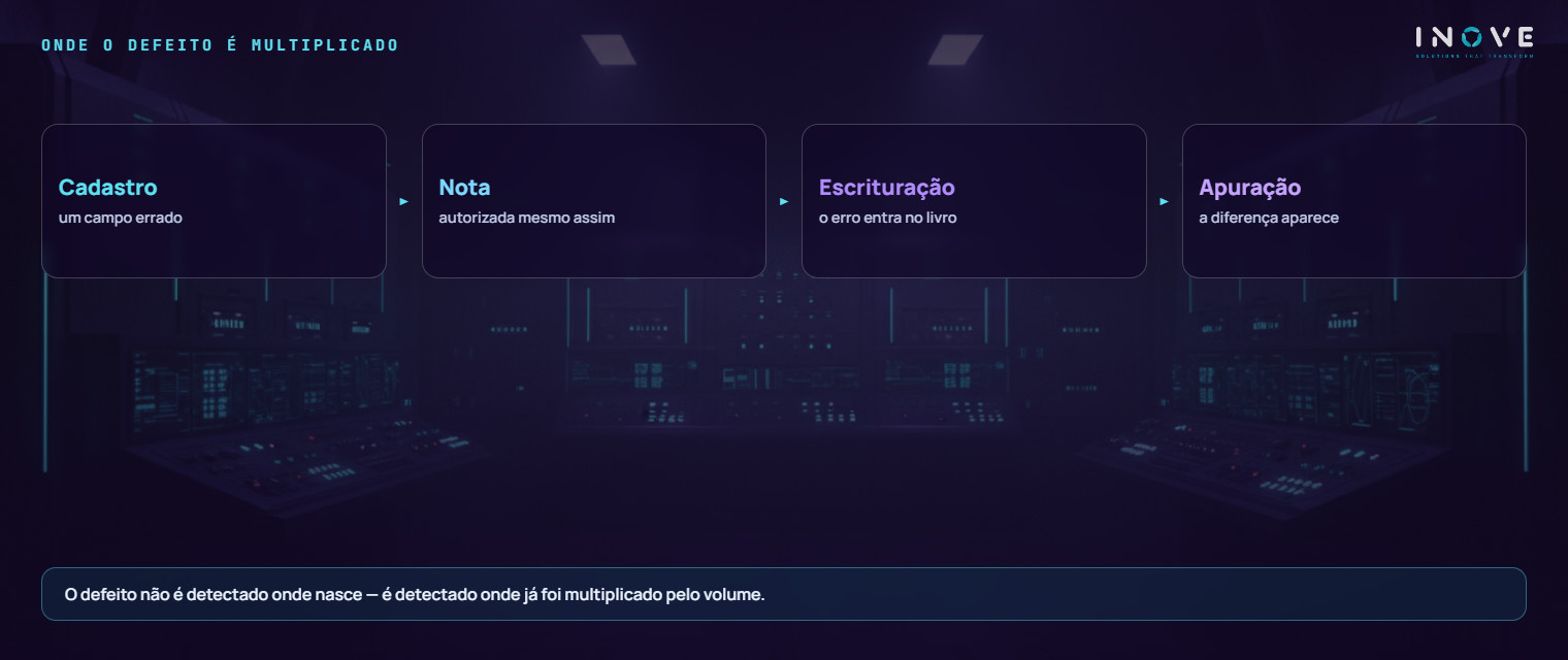o mesmo defeito de cadastro percorrendo o caminho até virar divergência: um campo errado no material vira nota autorizada, vira escrituração, vira apuração e só então aparece como diferença — multiplicado pelo volume do período