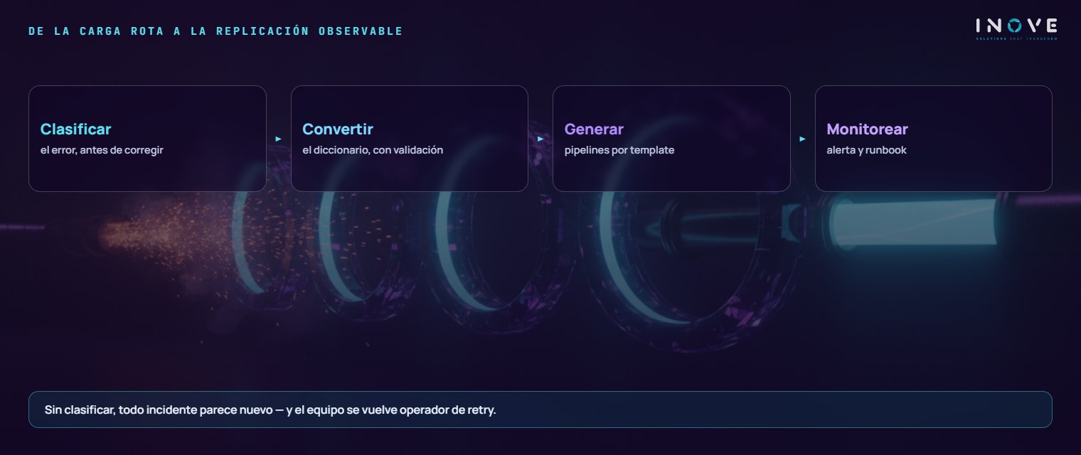 de la carga rota a la replicación observable: Clasificar (el error, antes de corregir) · Convertir (el diccionario, con validación) · Generar (pipelines por plantilla) · Monitorear (alerta y runbook)