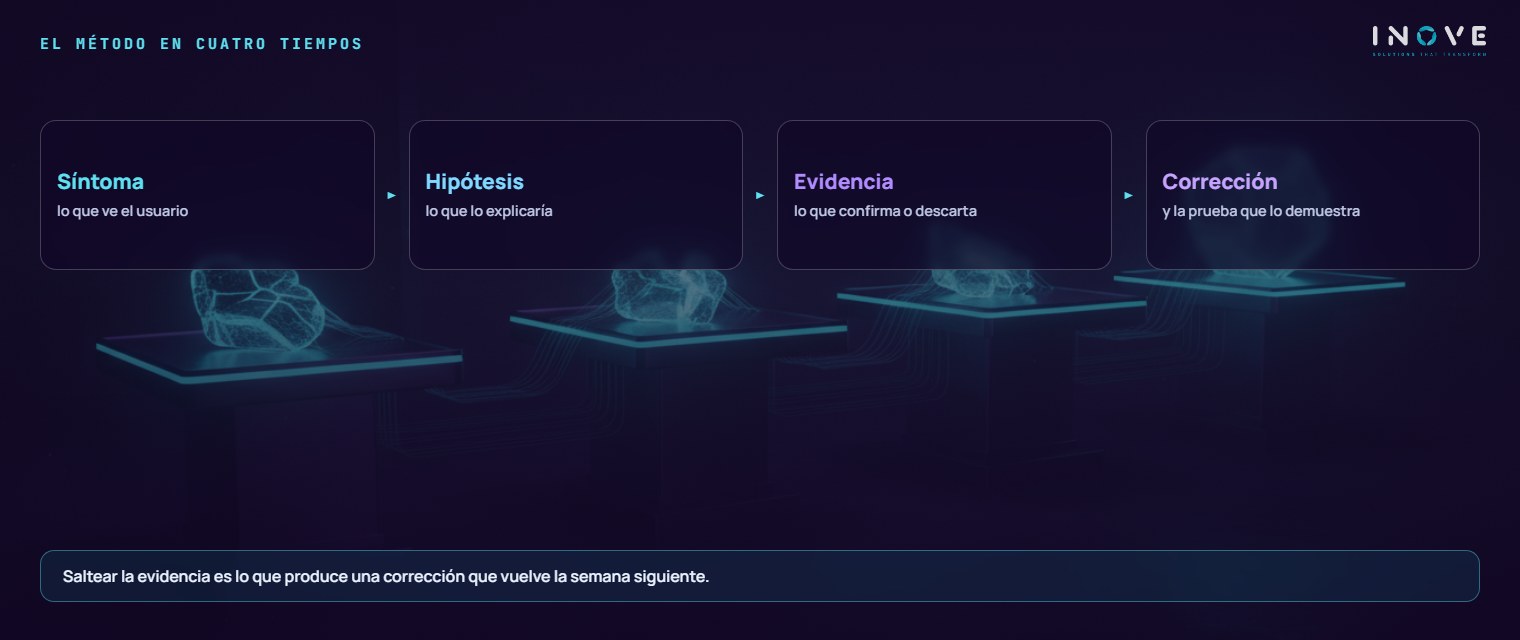 el método en cuatro tiempos: Síntoma (lo que el usuario ve) · Hipótesis (lo que lo explicaría) · Evidencia (lo que confirma o descarta) · Corrección (y la prueba que lo demuestra)