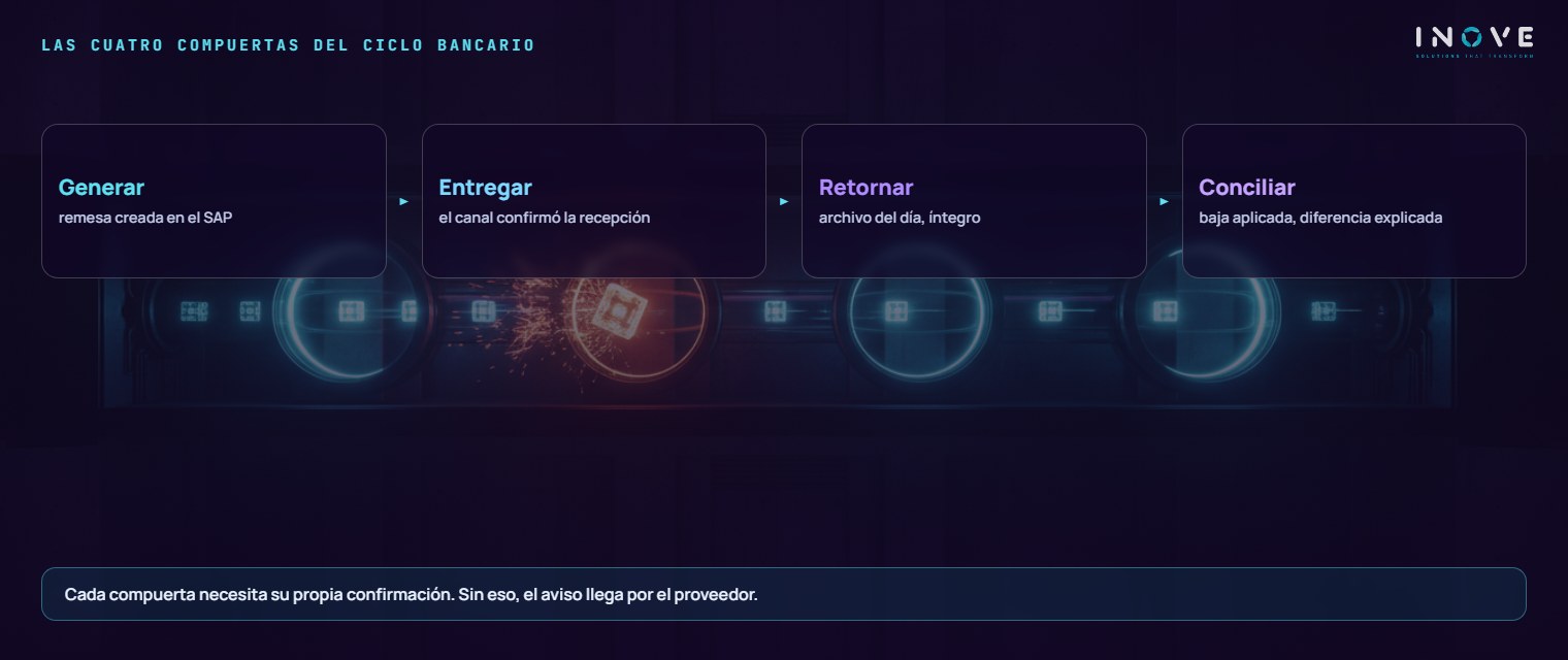las cuatro compuertas del ciclo bancario: Generar (remesa creada en SAP) · Entregar (confirmación de que la VAN la recibió) · Retornar (archivo del banco descargado e íntegro) · Conciliar (cancelación aplicada y diferencia explicada)